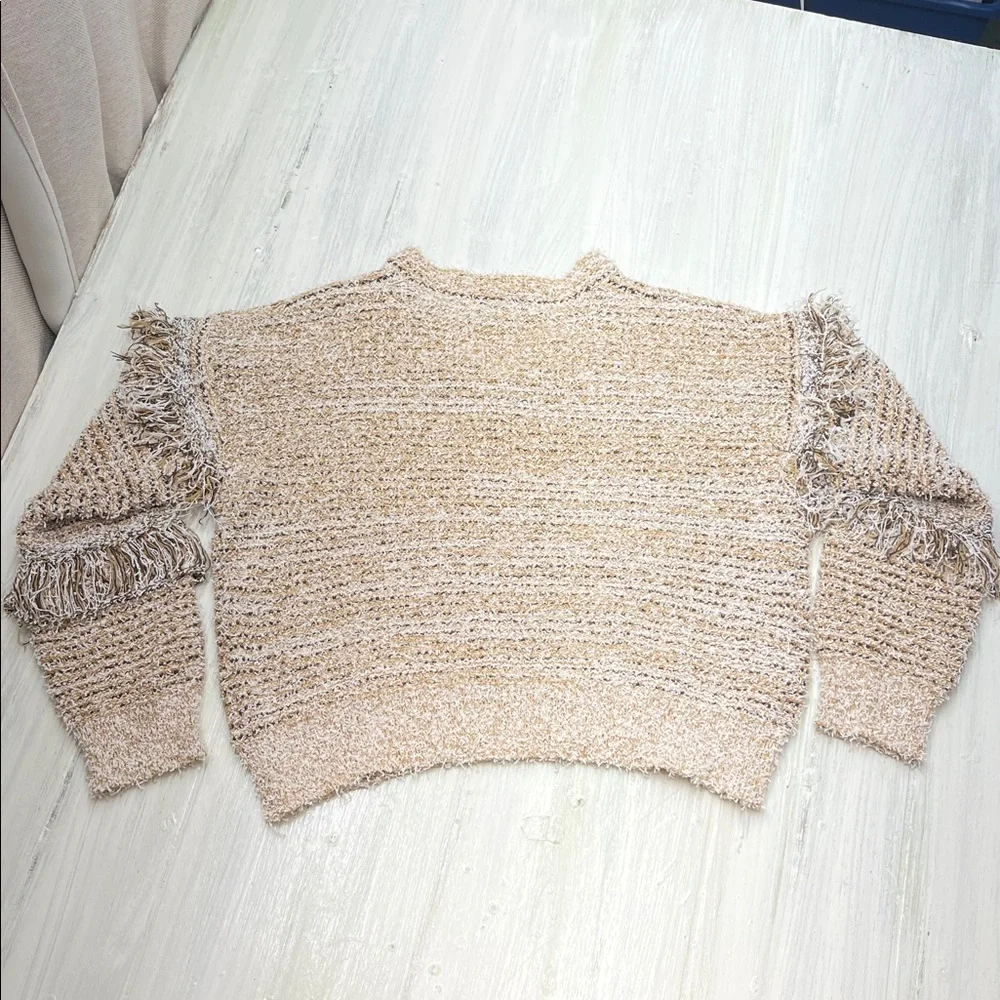 Sadie & Sage Cropped Tan V-Neck Sweater with Fringe Sz S